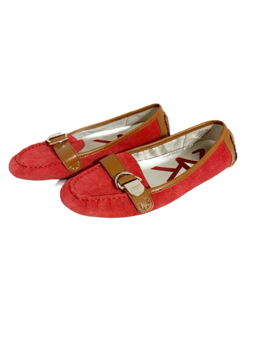 Anne Klein Sport Brynne Slip On Suede Leather Loafers Strap with Buckle Heel Cap